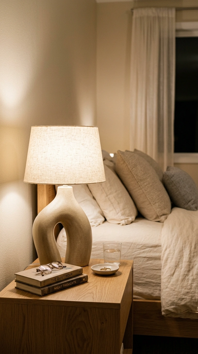 Neutral Bedrooms That Never Go Out of Style (15 Ideas) 6 005 Soft Sculptural Lighting A nightstand with a curve