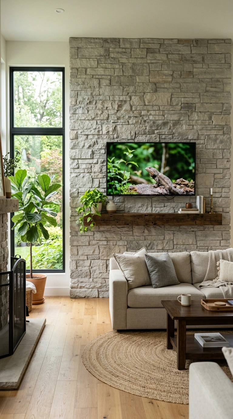 TV Wall Ideas That Don't Look Like an Afterthought (18 Picks) 6 005 Stone Accent Wall A living room with a light gray