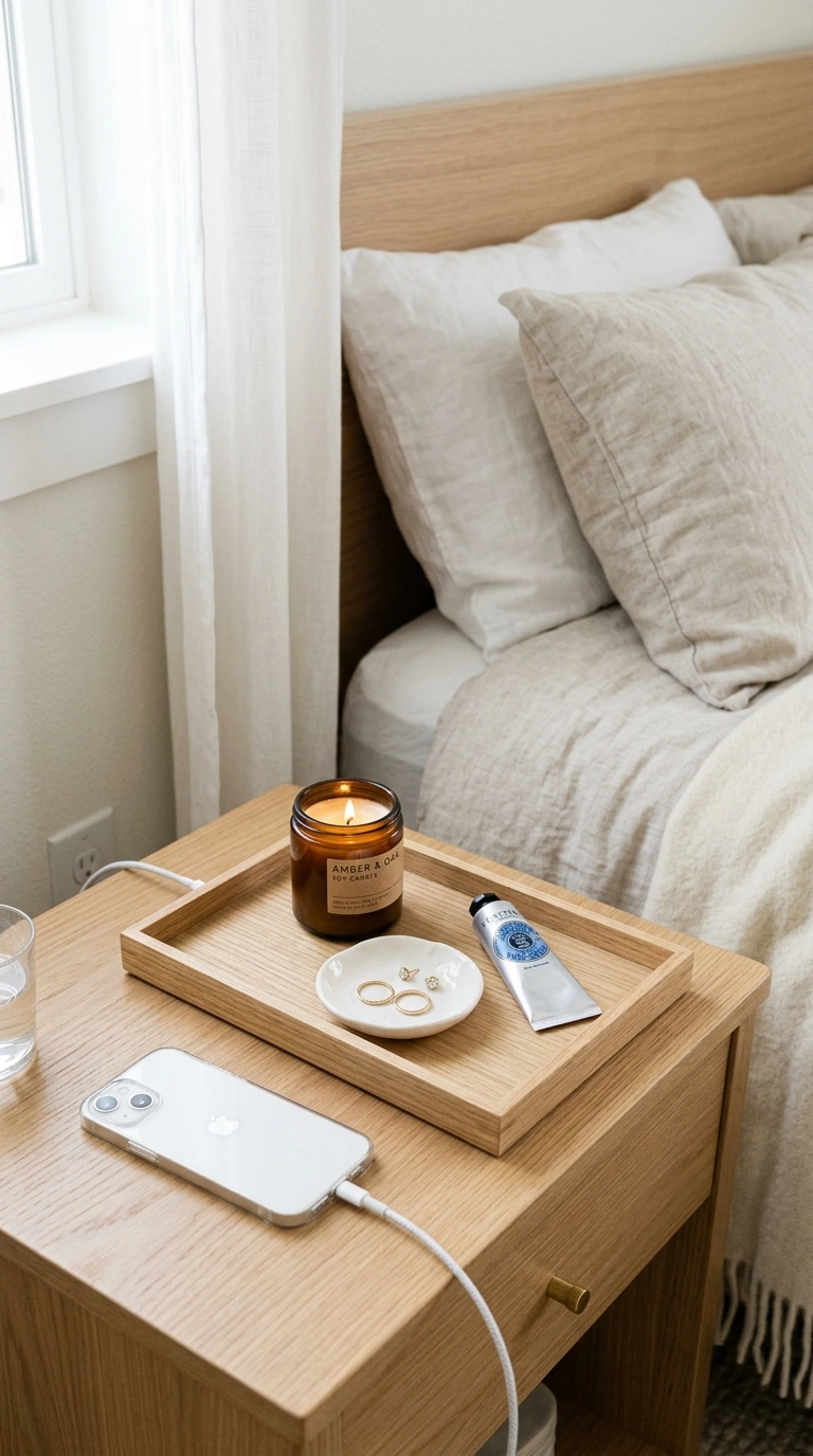 Nightstand Styling 101: 12 Looks to Try 6 005 Tray Corral Style A bedroom nightstand with a wood