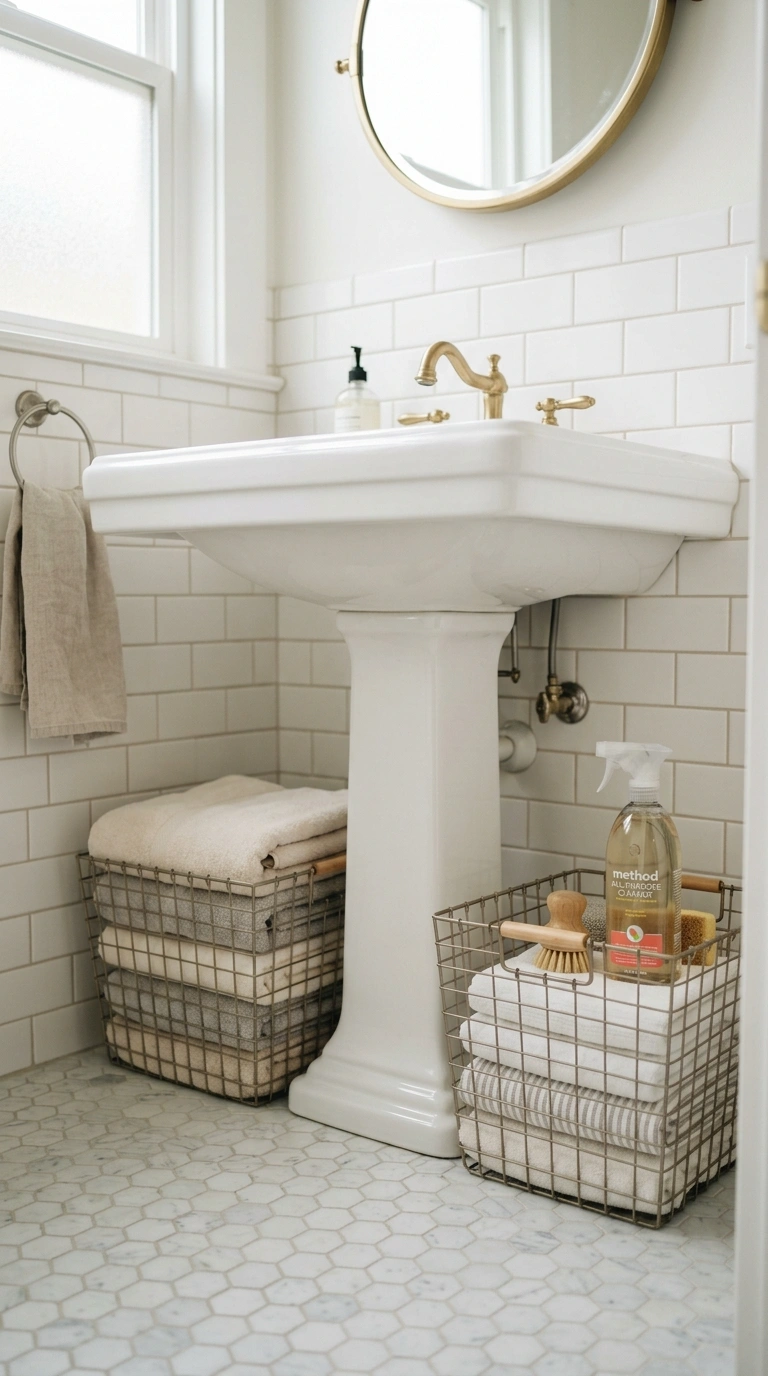 005 Under Sink Baskets A pedestal sink in a small bath