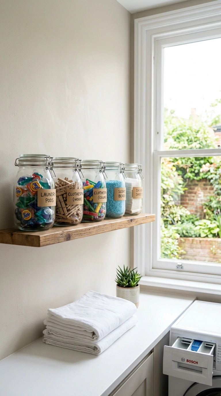 Small Laundry Room? 16 Organization Ideas That Help 6 005 Use Clear Glass Jars A small laundry room shelf ne