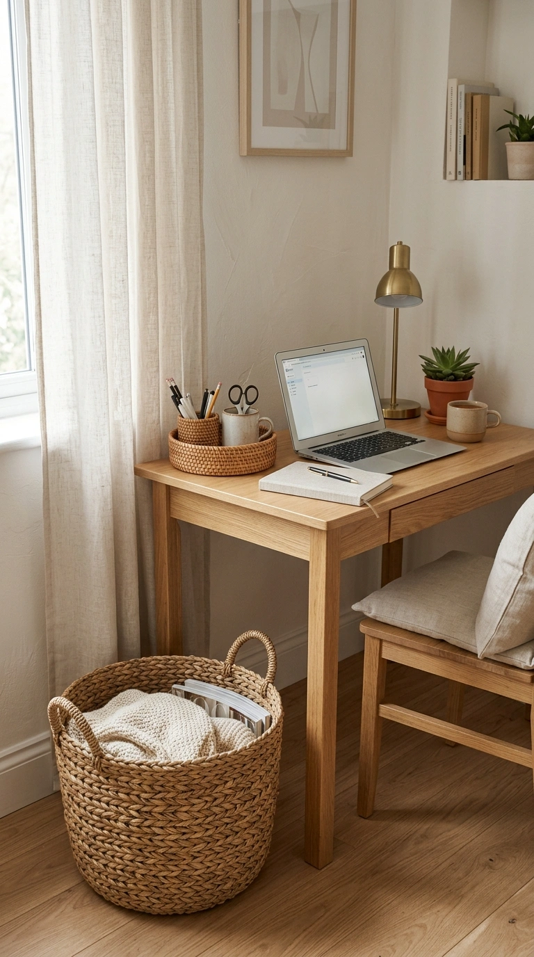 19 Classy Desk Setups That Make Small Workspaces Feel Special 6 005 Use Woven Baskets A small desk with a woven seagra
