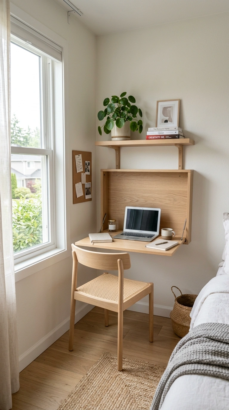 Small Bedroom, Big Style: 19 Layout Ideas 6 005 Wall Mounted Desk A small bedroom with a fold down