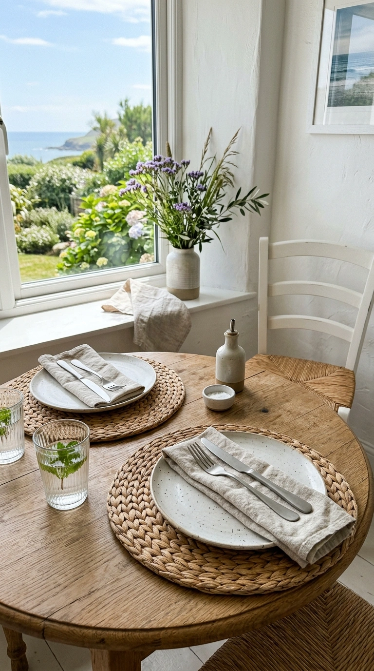 Small Kitchen Table? 12 Ways to Style It 6 005 Woven Placemats A small wood kitchen table set wit