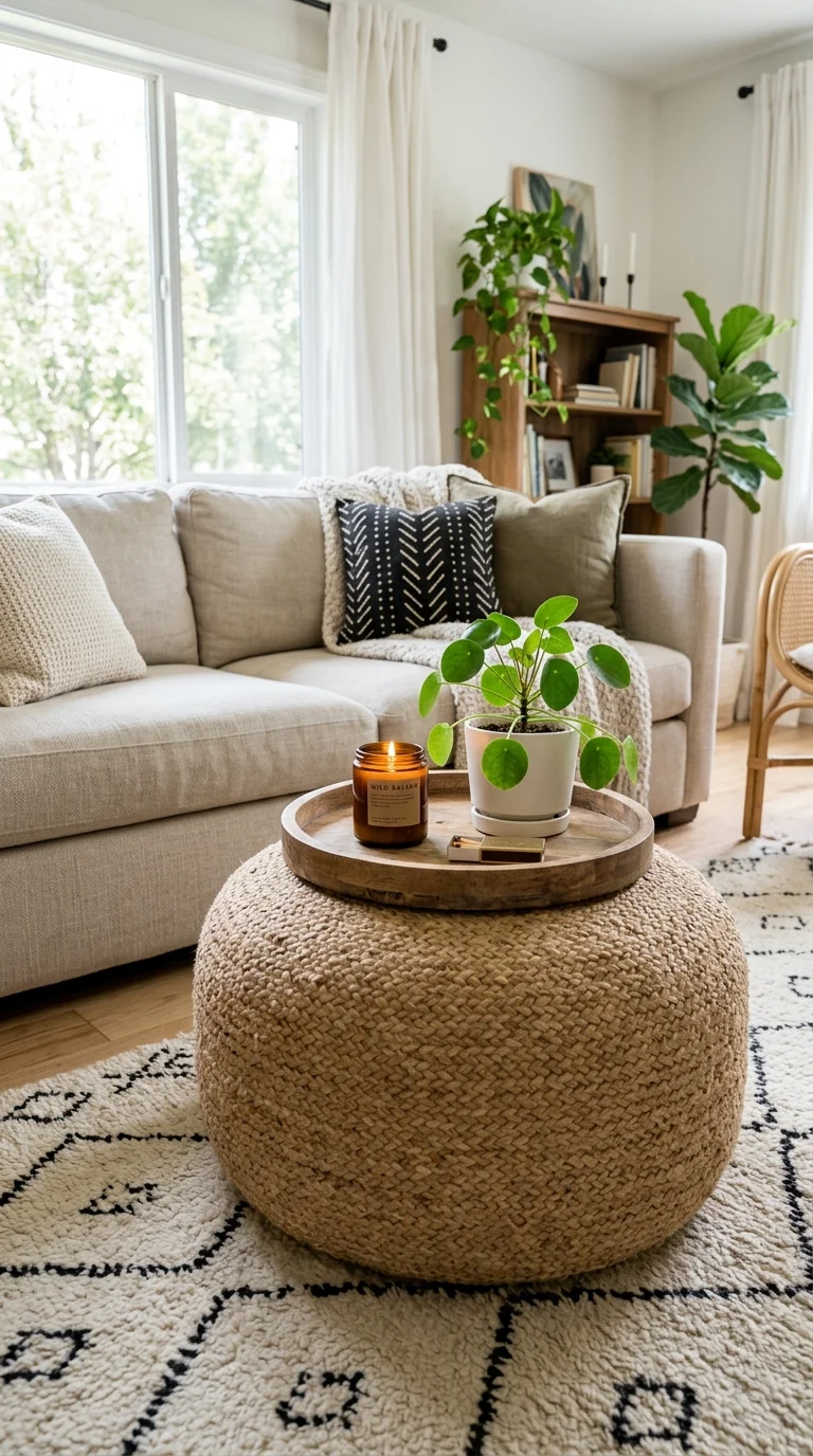 23 Budget Boho Living Rooms That Look Anything But Cheap 6 005 Woven Pouf Ottoman A jute woven pouf in front of a