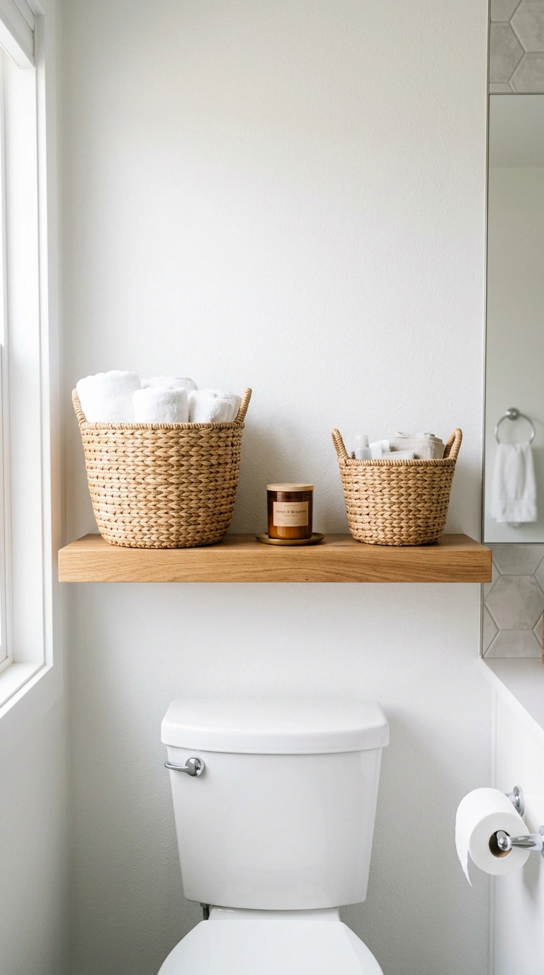 005 Woven Shelf Baskets A long wood shelf above a toil