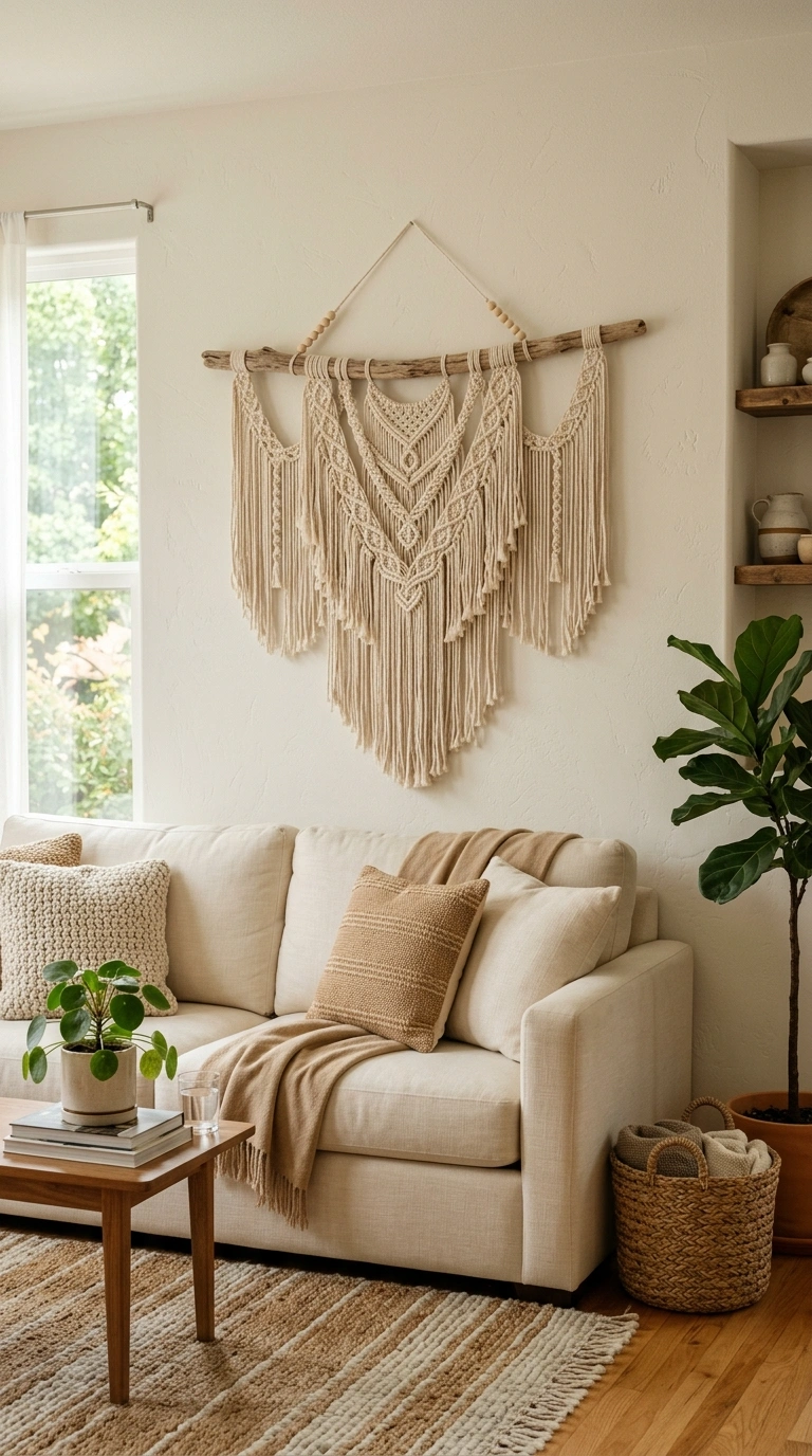 005 Woven Wall Art A neutral living room wall with a l