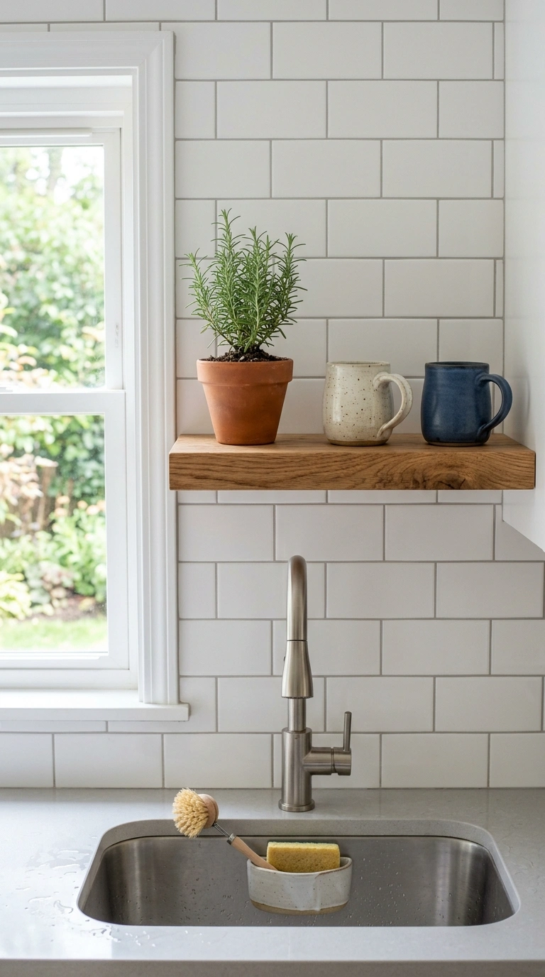 006 Above Sink Shelf A single wood shelf mounted above