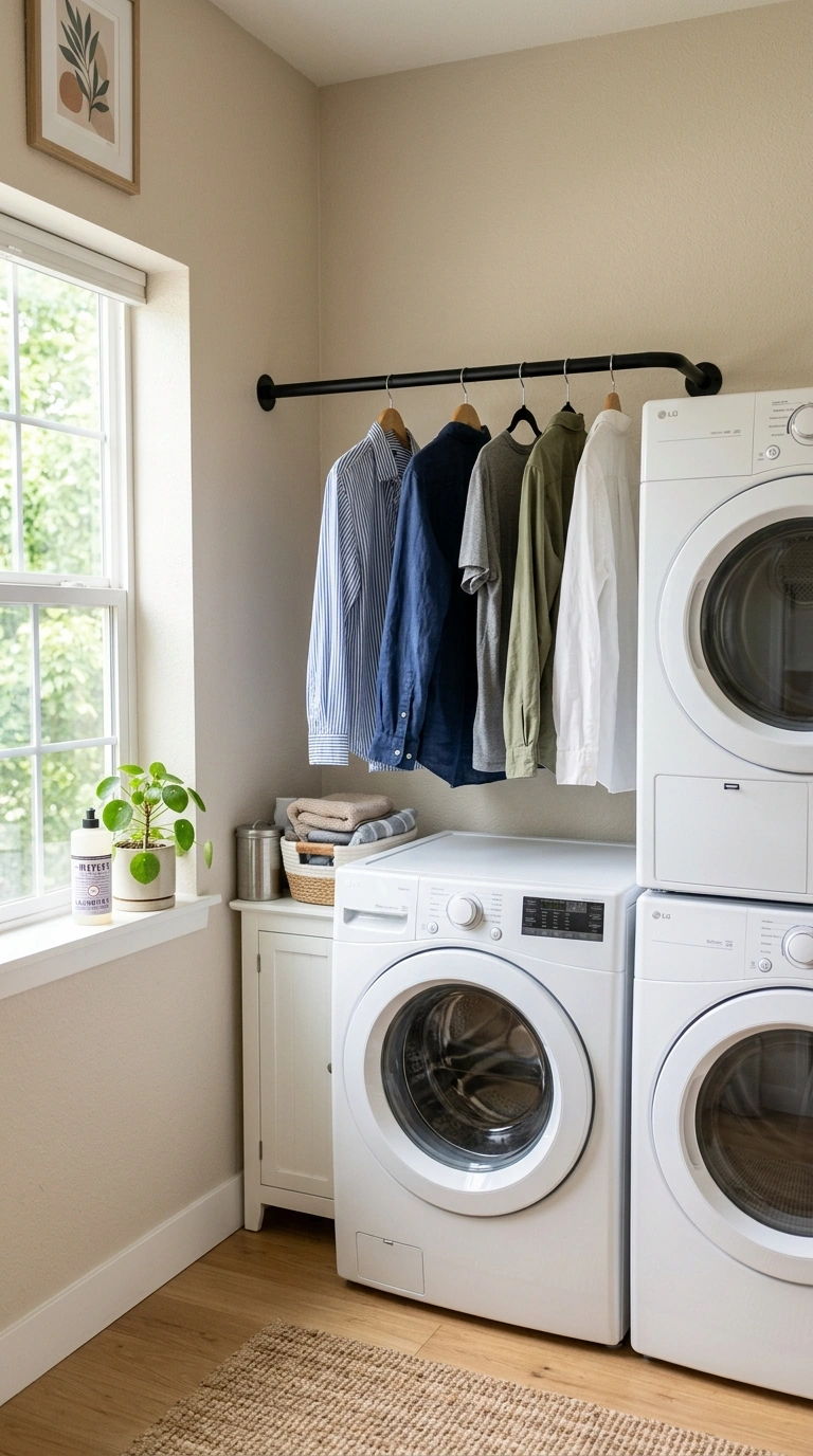 Small Laundry Room? 16 Organization Ideas That Help 7 006 Add A Hanging Rod A small laundry room corner with