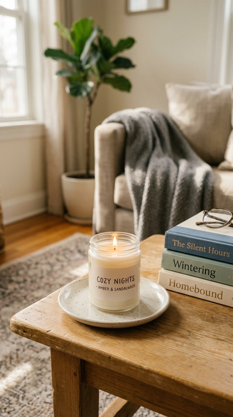 006 Add a Candle A glass jar candle sitting on a small