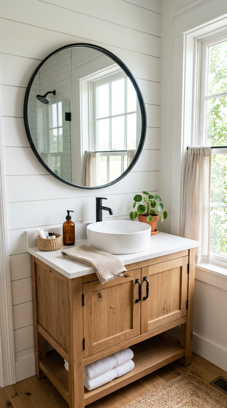 Farmhouse Bathrooms Done Right: 14 Inspiring Looks 7 006 Black Framed Mirror A farmhouse bathroom vanity ar