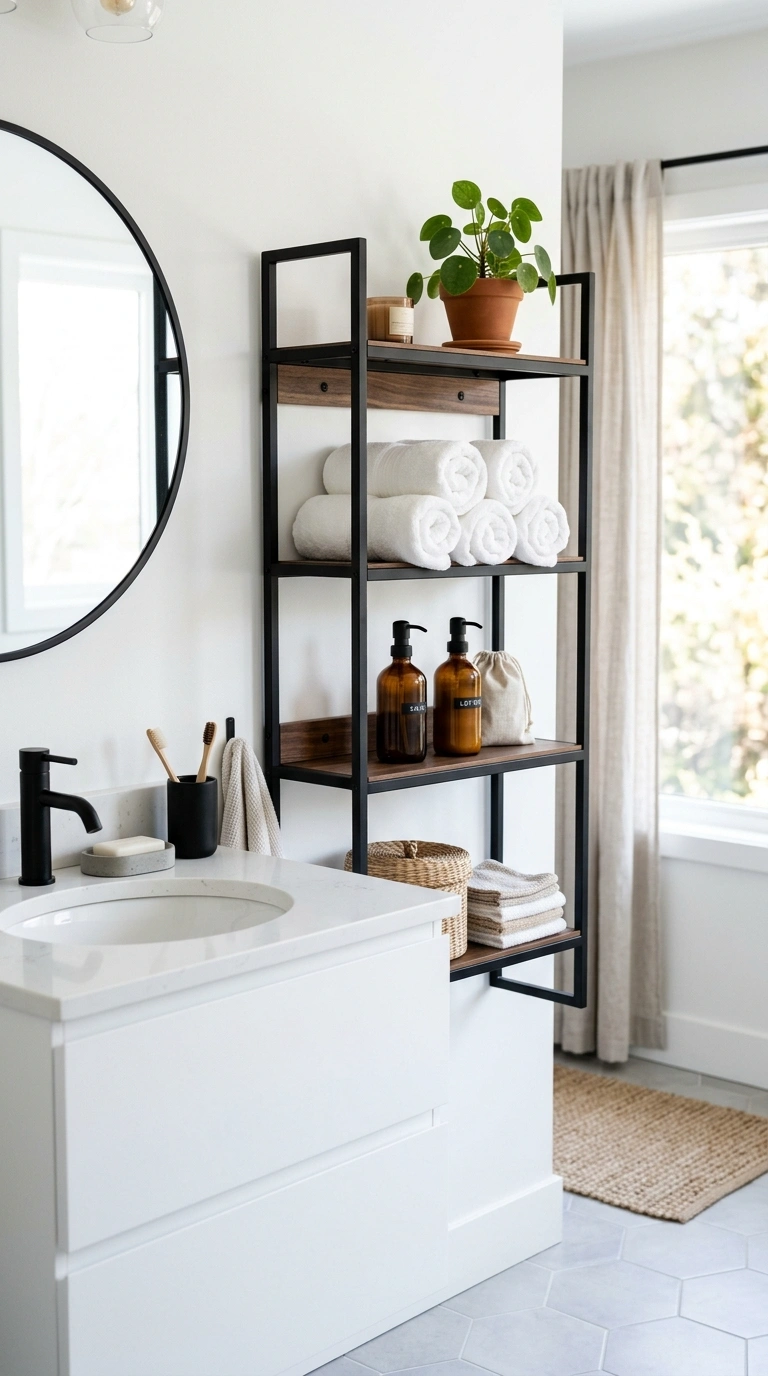 006 Black Metal Shelving A black iron shelf unit with