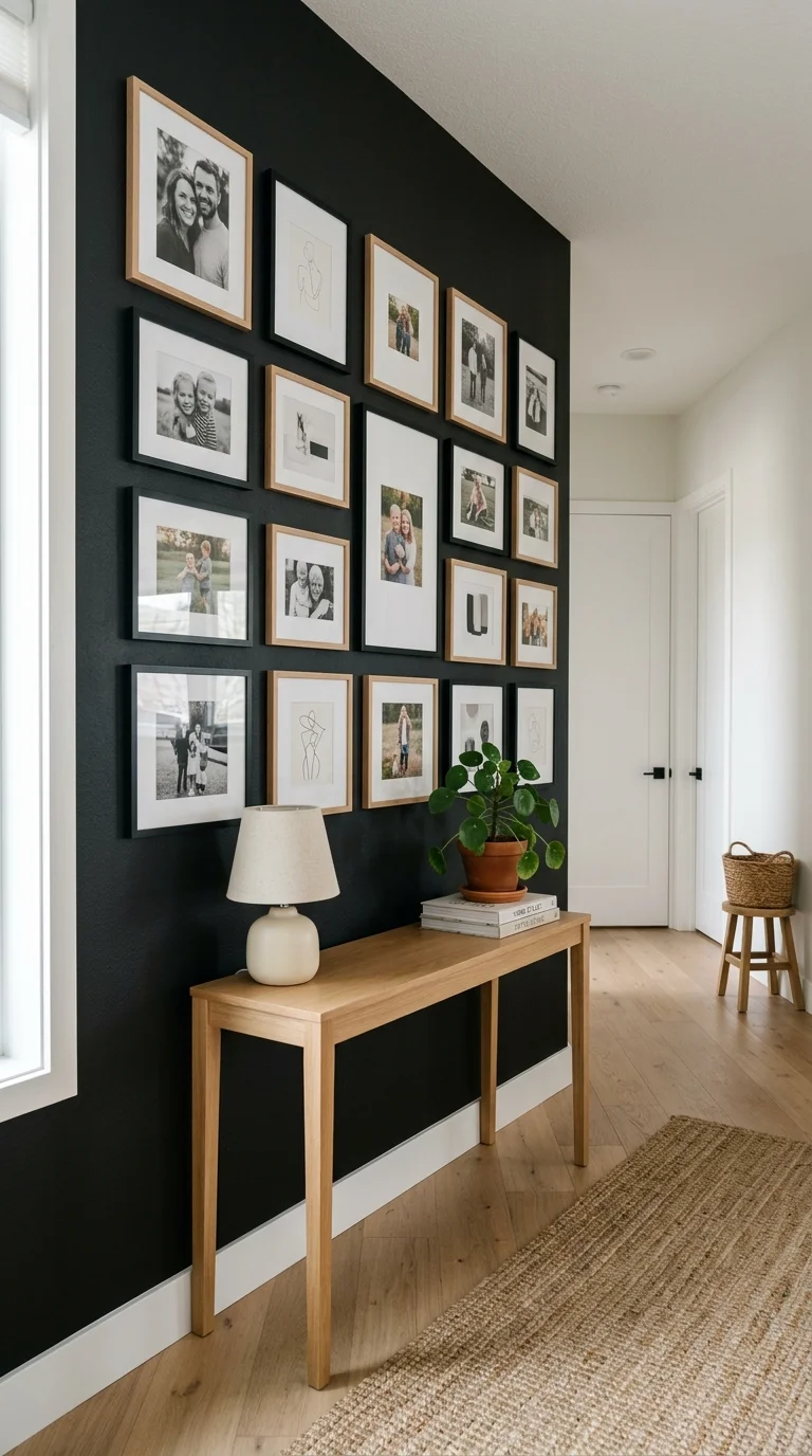 20 Hottest Black Accent Wall Ideas Taking Over Home Decor 7 006 Black Wall With Gallery A modern hallway with a ma