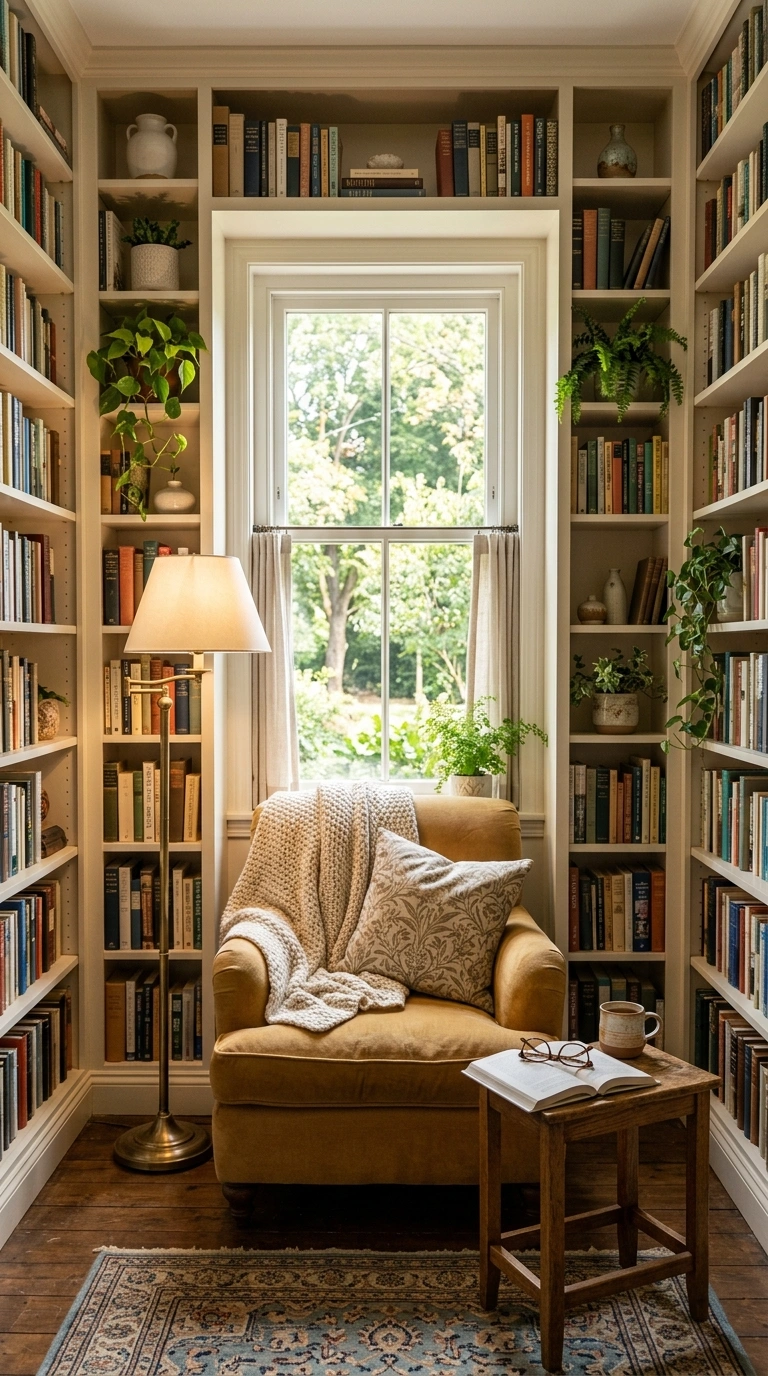 006 Built In Bookshelf Nook A single armchair set betw