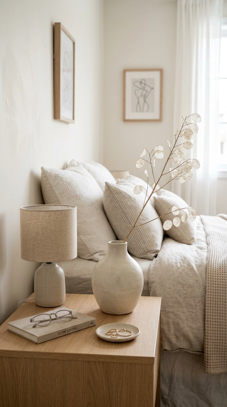 Nightstand Styling 101: 12 Looks to Try 7 006 Ceramic Vase Charm A bedroom nightstand featuring