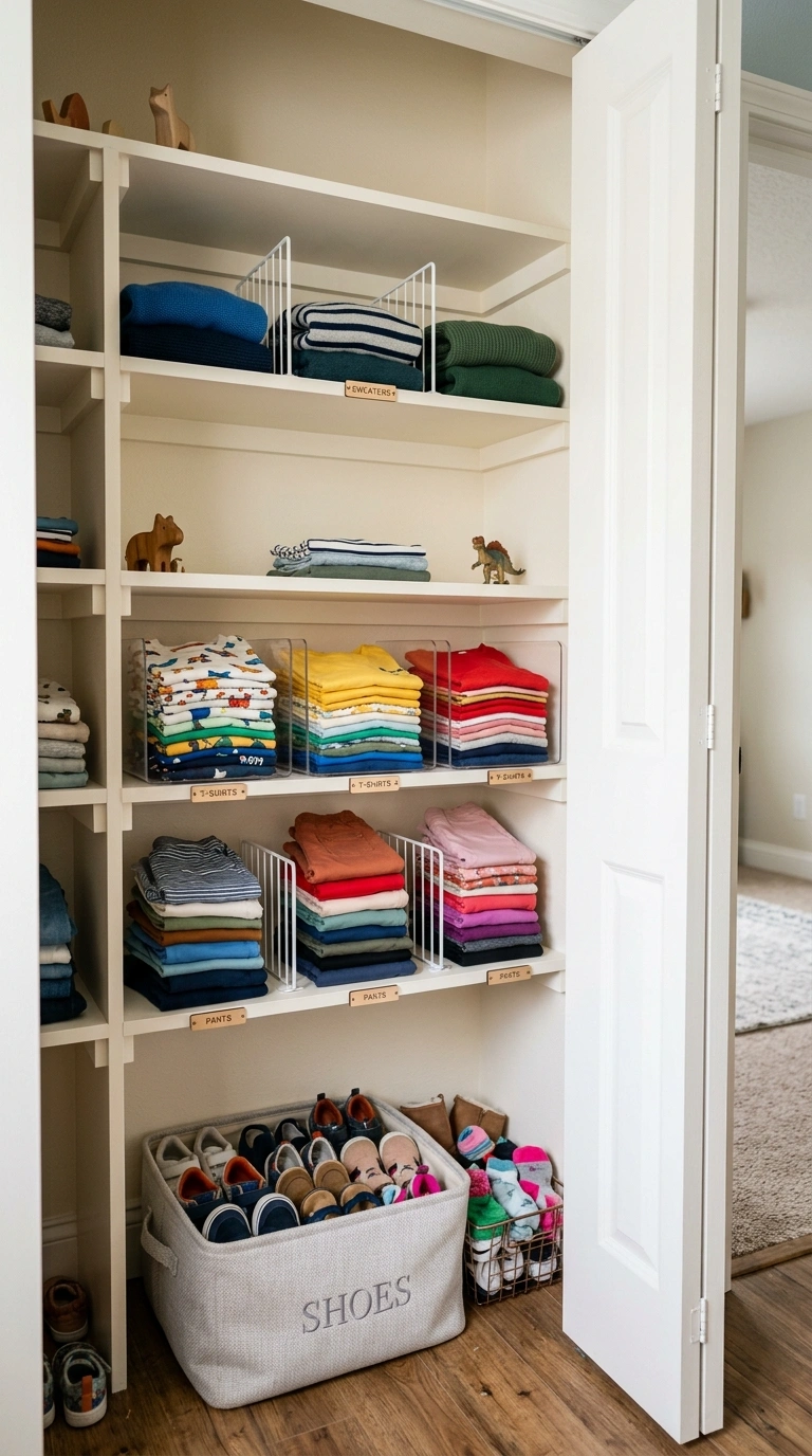 Kids Bedroom Storage That Actually Gets Used (17 Ideas) 7 006 Closet Shelf Dividers A kids closet interior with