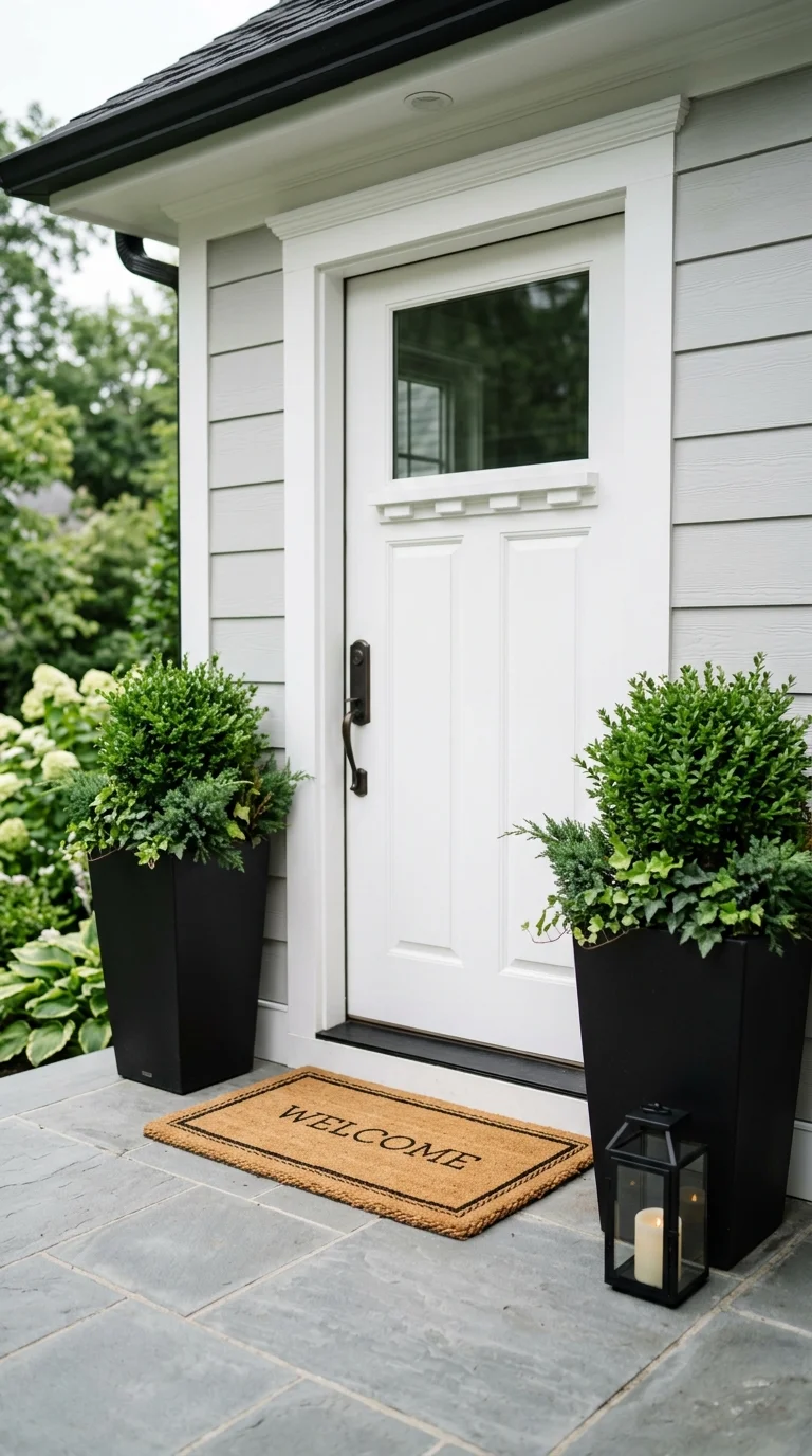 006 Doormat and Planters A front door painted white wi