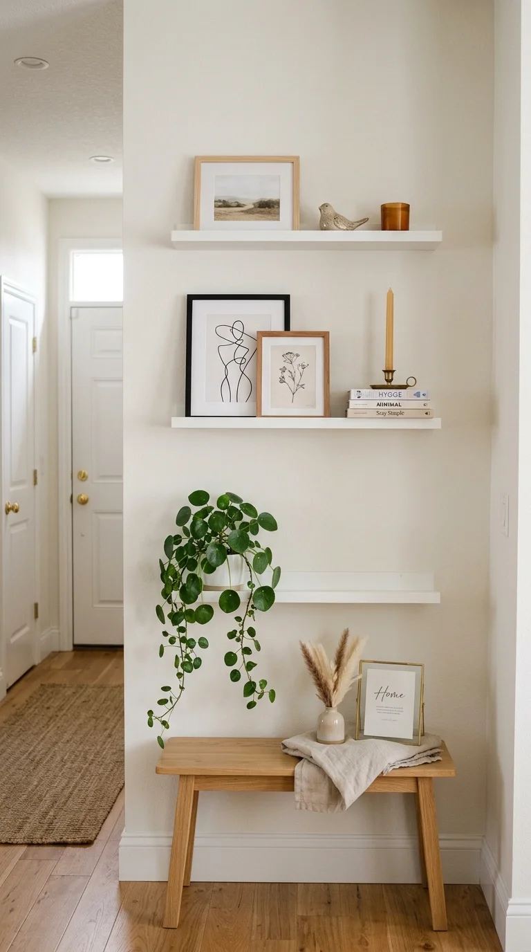Your Tiny Hallway Deserves This Glow-Up: 20 Ideas to Try 7 006 Floating Shelf Row Three slim white floating shelv