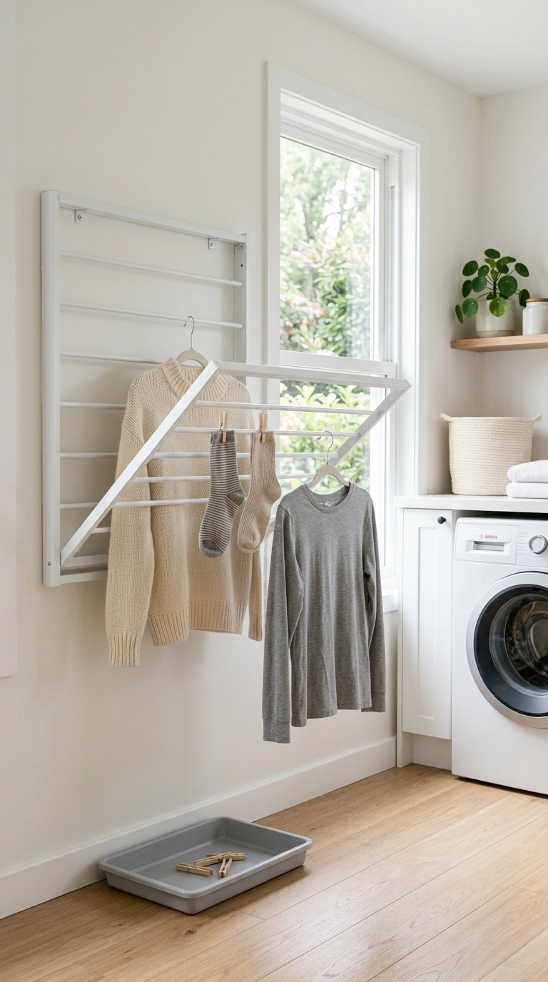 006 Fold Down Drying Rack A white wall mounted fold do