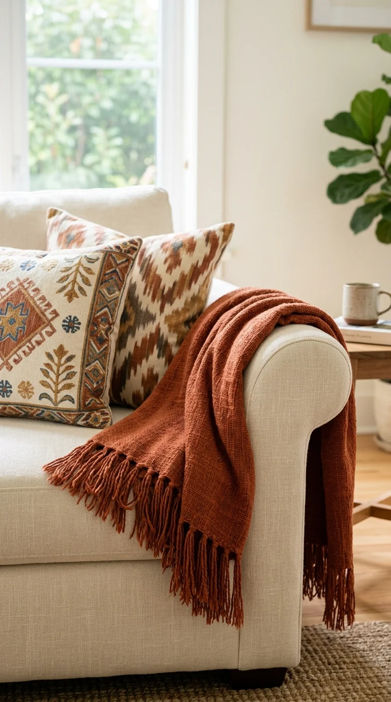 23 Budget Boho Living Rooms That Look Anything But Cheap 7 006 Fringe Throw Blanket A rust colored fringed throw