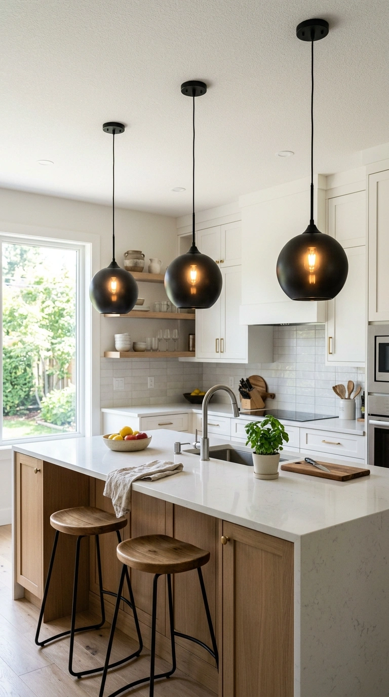 006 Hanging Pendant Lights A wide shot of a kitchen is