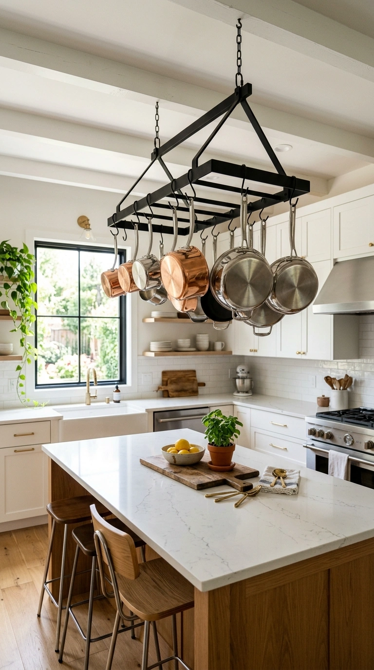Counter Clutter Gone: 17 Kitchen Organization Ideas 7 006 Hanging Pot Rack A modern kitchen with a black iro