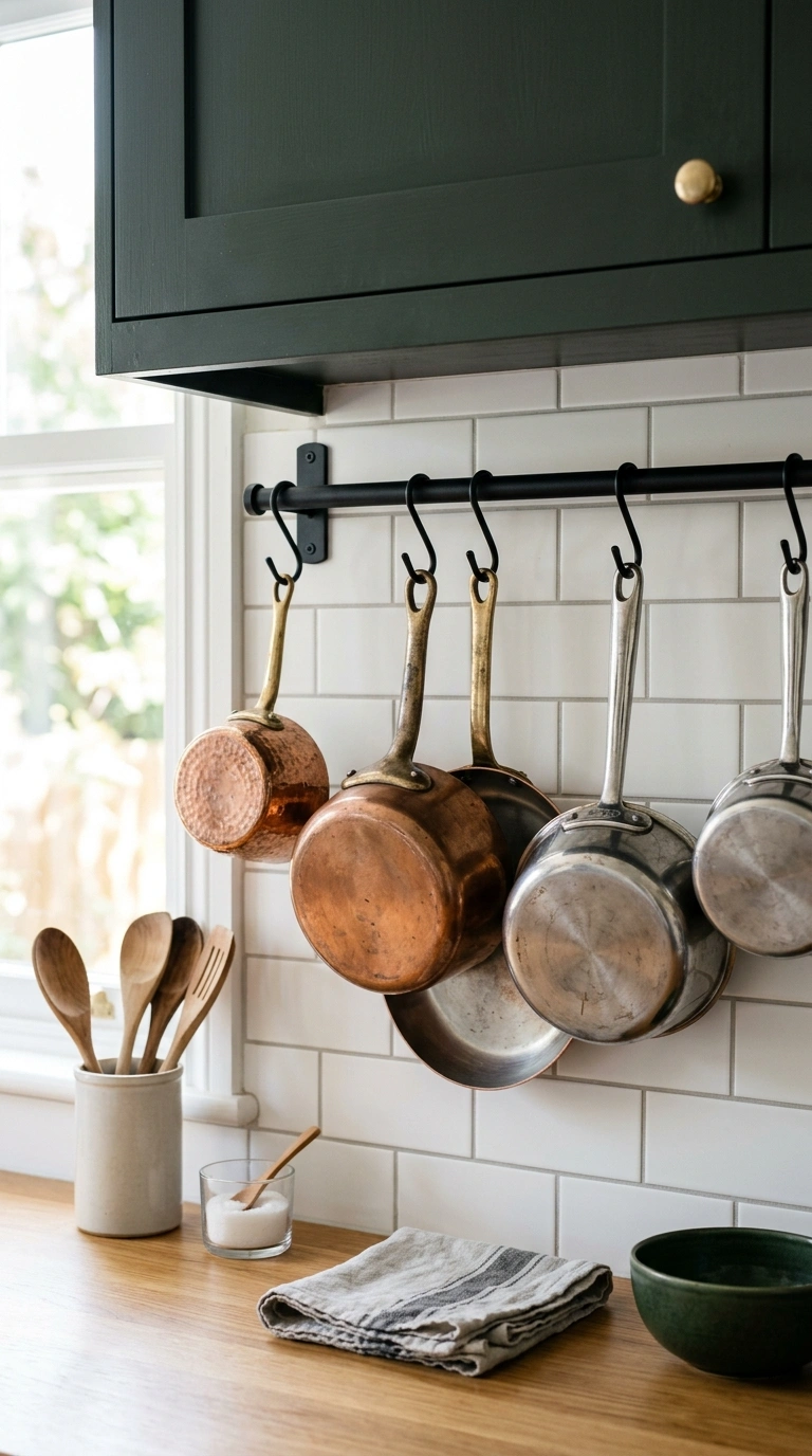 006 Hanging Pot Rail A kitchen wall with a black metal