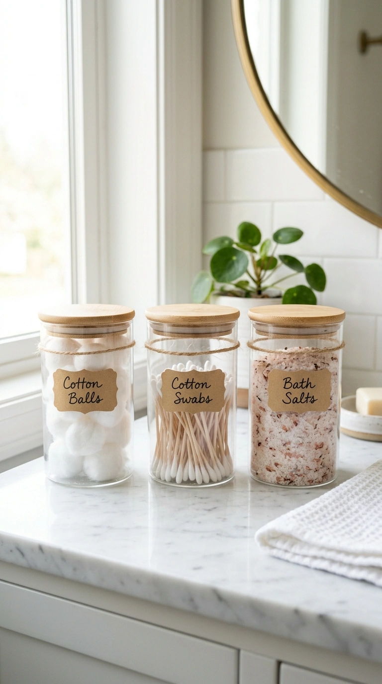 006 Labeled Glass Jars A bathroom counter with three m