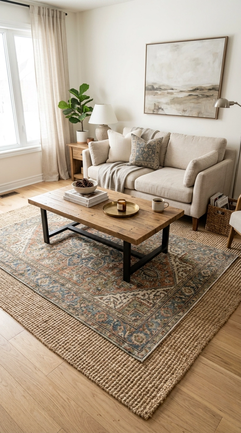 Living Room Refresh on a Budget (13 Ideas) 7 006 Layer Area Rugs A neutral jute rug layered with a