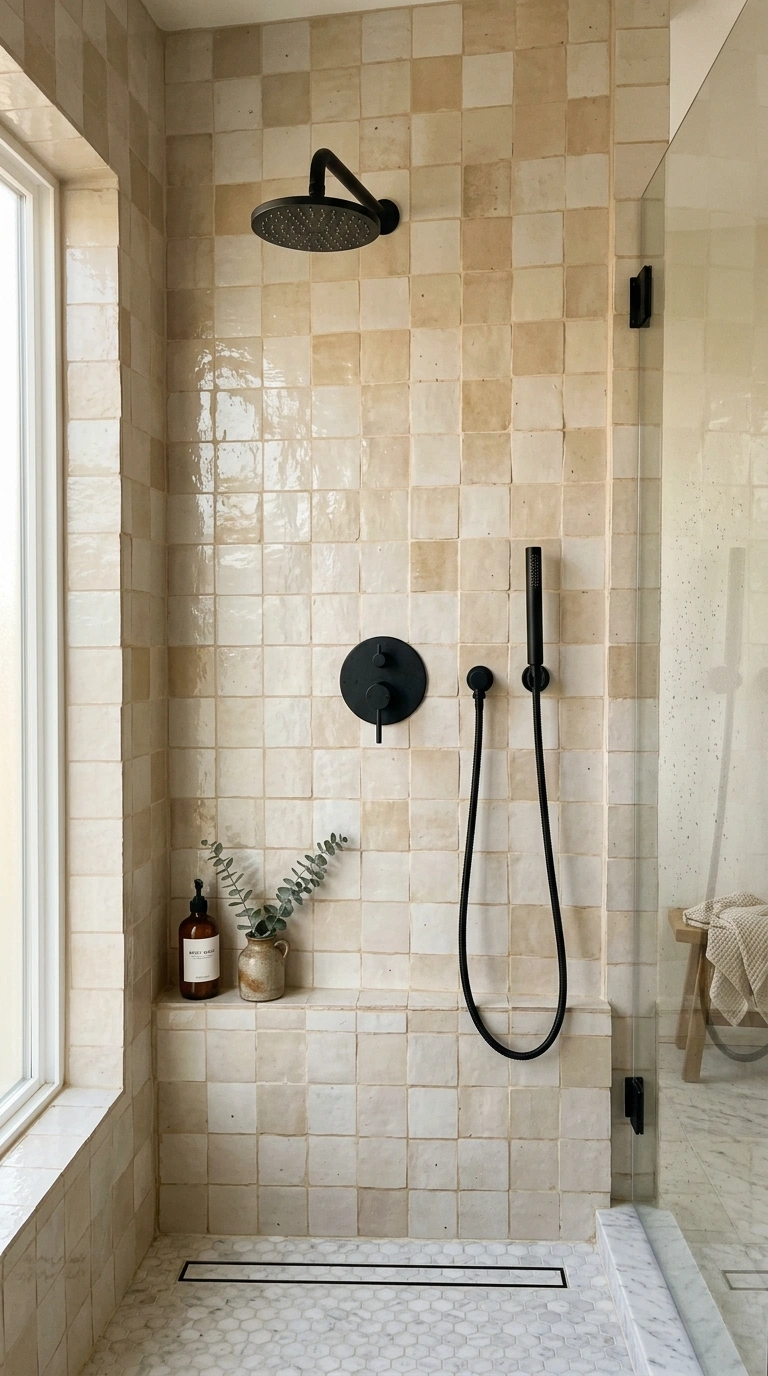 006 Layered Textured Tile A shower wall covered in han