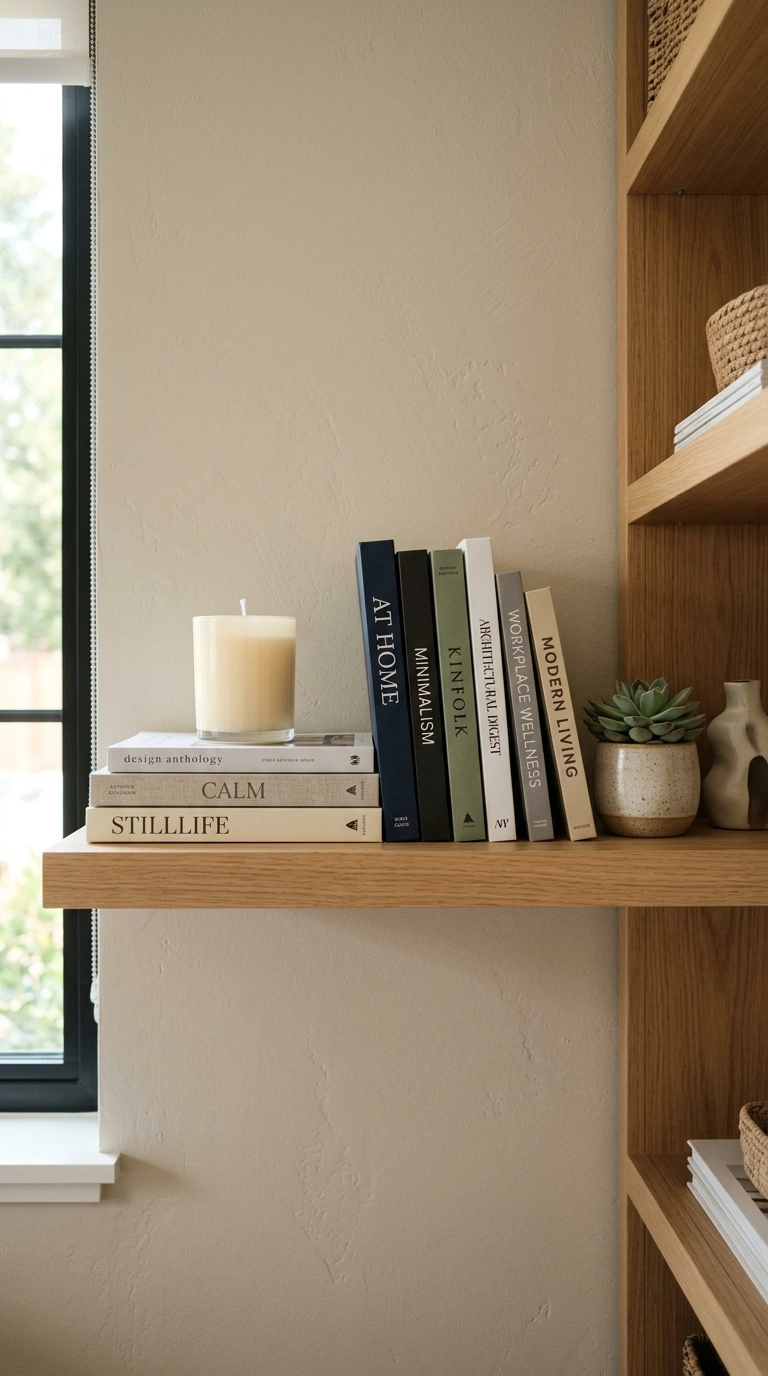 Office Shelf Styling Tips: 12 Easy Ideas 7 006 Mix Heights With Stacks A home office shelf with a