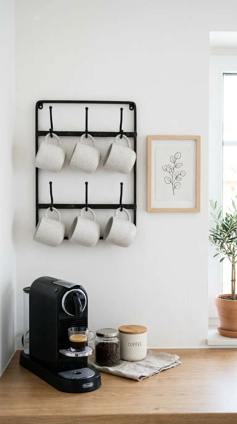 006 Mug Rack Wall A white kitchen wall with a black me