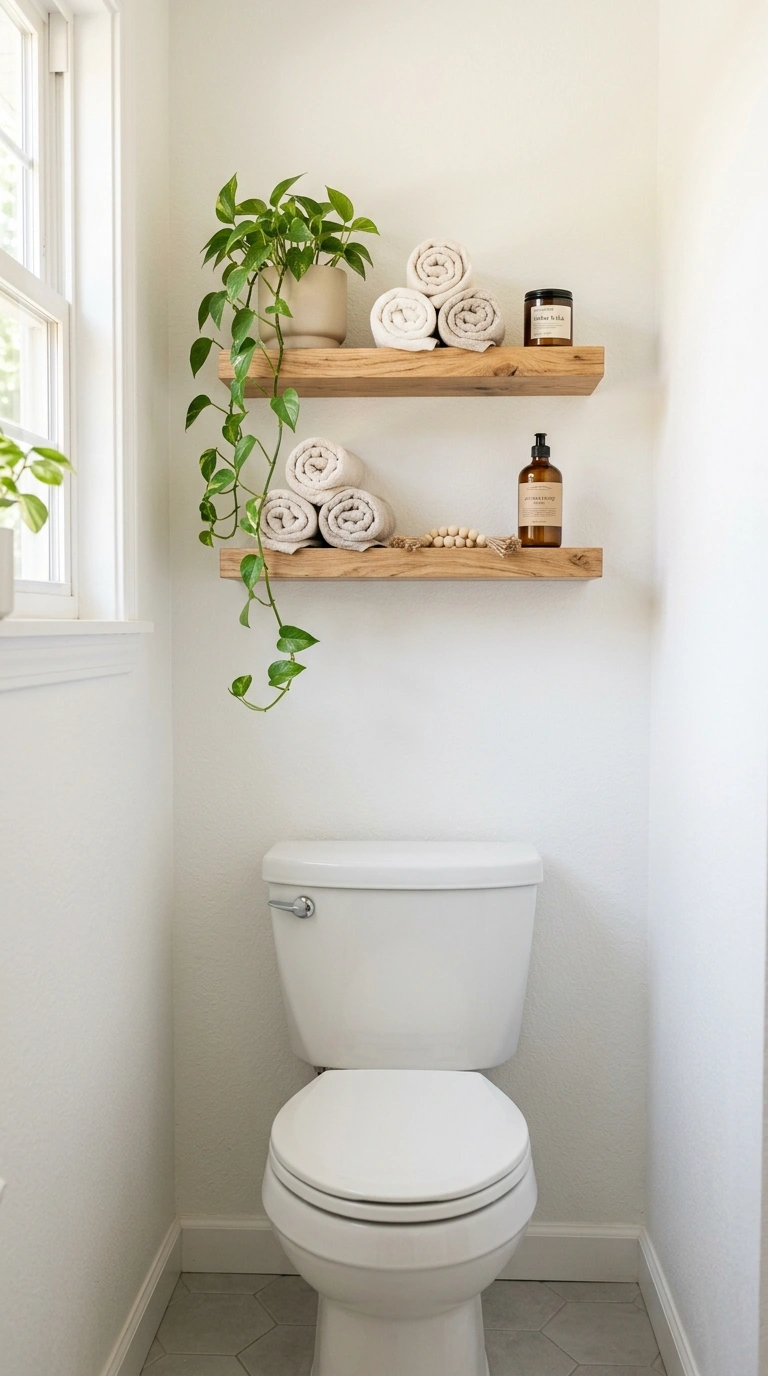Small Half Bath? Here Are 11 Ideas That Make It Shine 7 006 Open Shelving Nook A small half bathroom with two