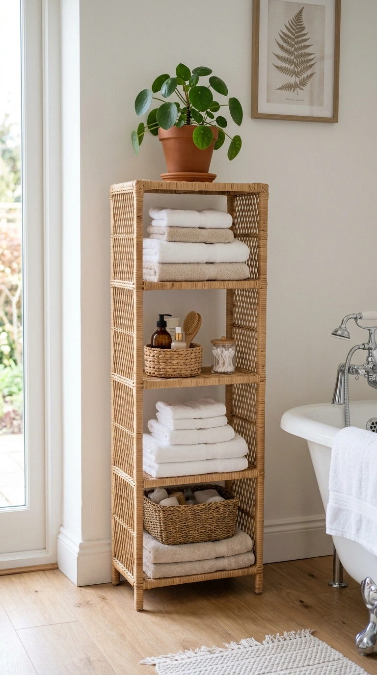 006 Open Wicker Shelf A bathroom corner with a freesta