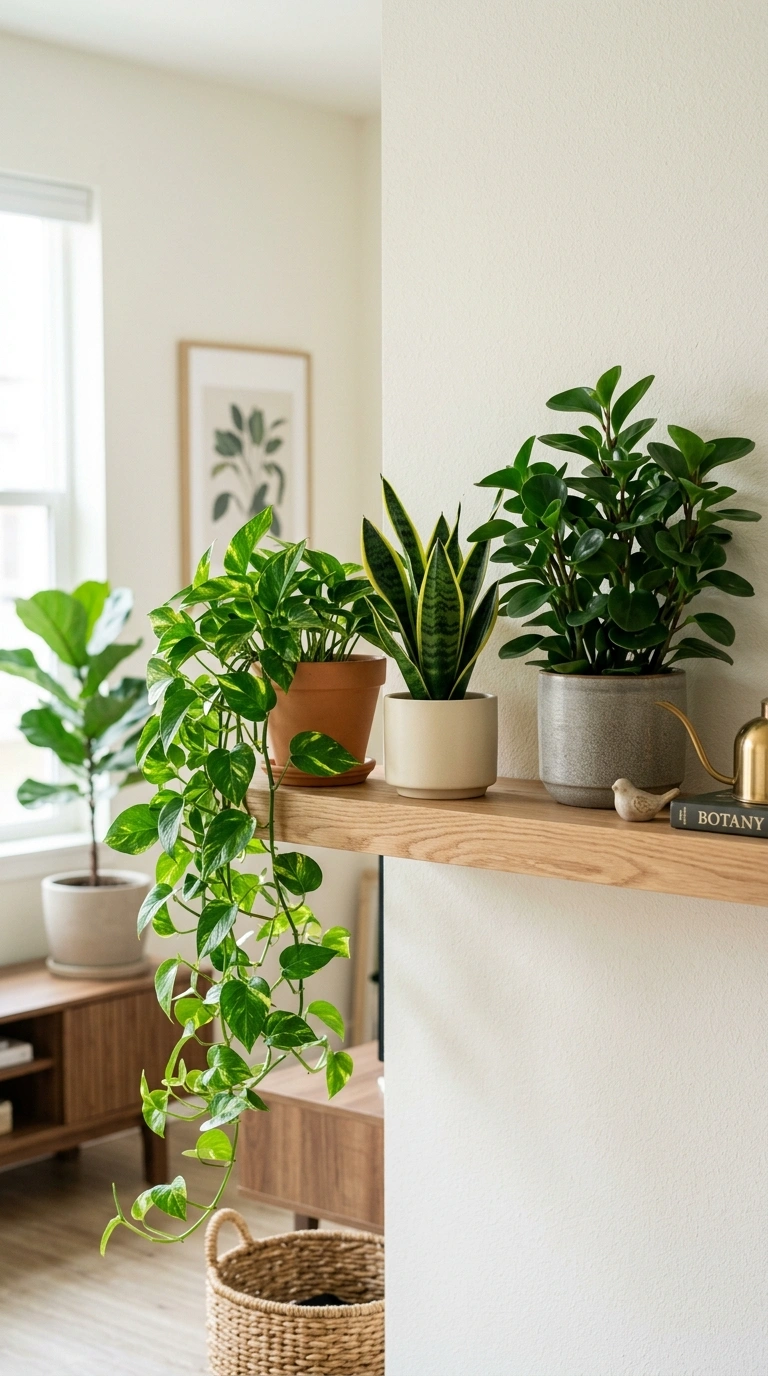 Living Room Shelves Styled Right: 19 Ideas 7 006 Plant Trio Shelf A bright living room shelf holdin