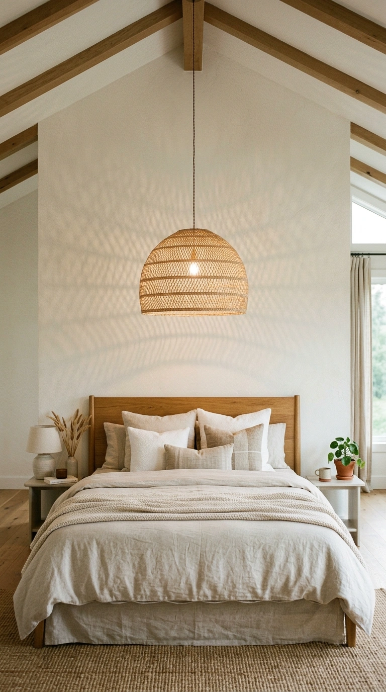 What to Put Above Your Bed: 20 Wall Decor Ideas 7 006 Rattan Pendant Light A bed with a woven rattan pen
