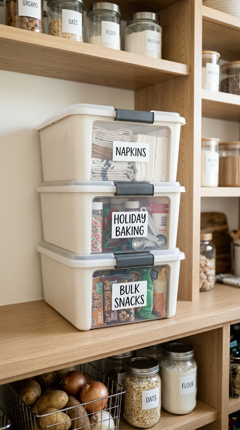 006 Stackable Storage Bins A pantry shelf with three s