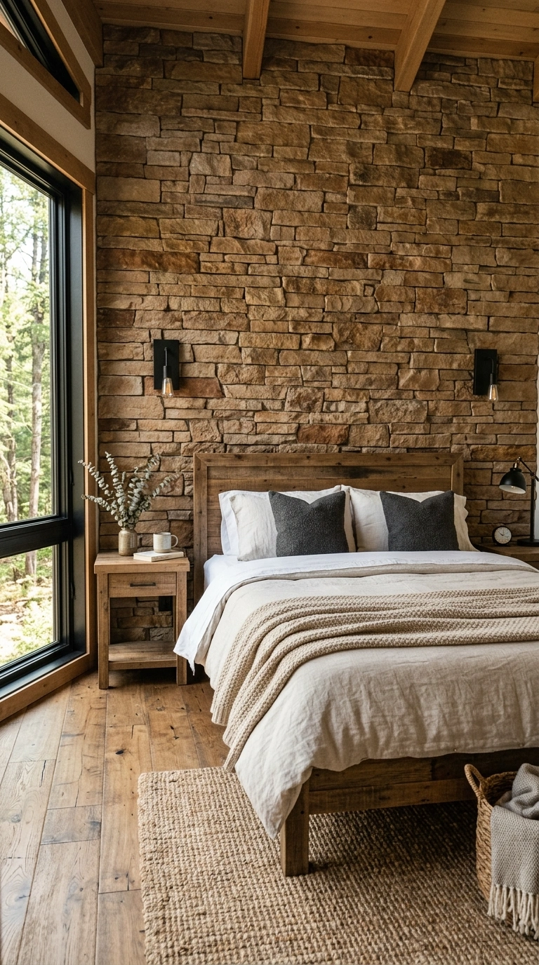 Rustic Bedroom Vibes — 16 Cozy Ideas 7 006 Stone Accent Wall A rustic bedroom with a warm ton
