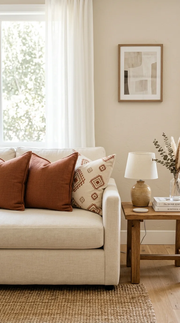006 Terracotta Throw Pillows A cream sofa styled with