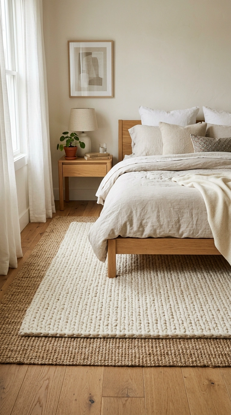Neutral Bedrooms That Never Go Out of Style (15 Ideas) 7 006 Textured Wool Rug A bedroom floor with a chunky iv