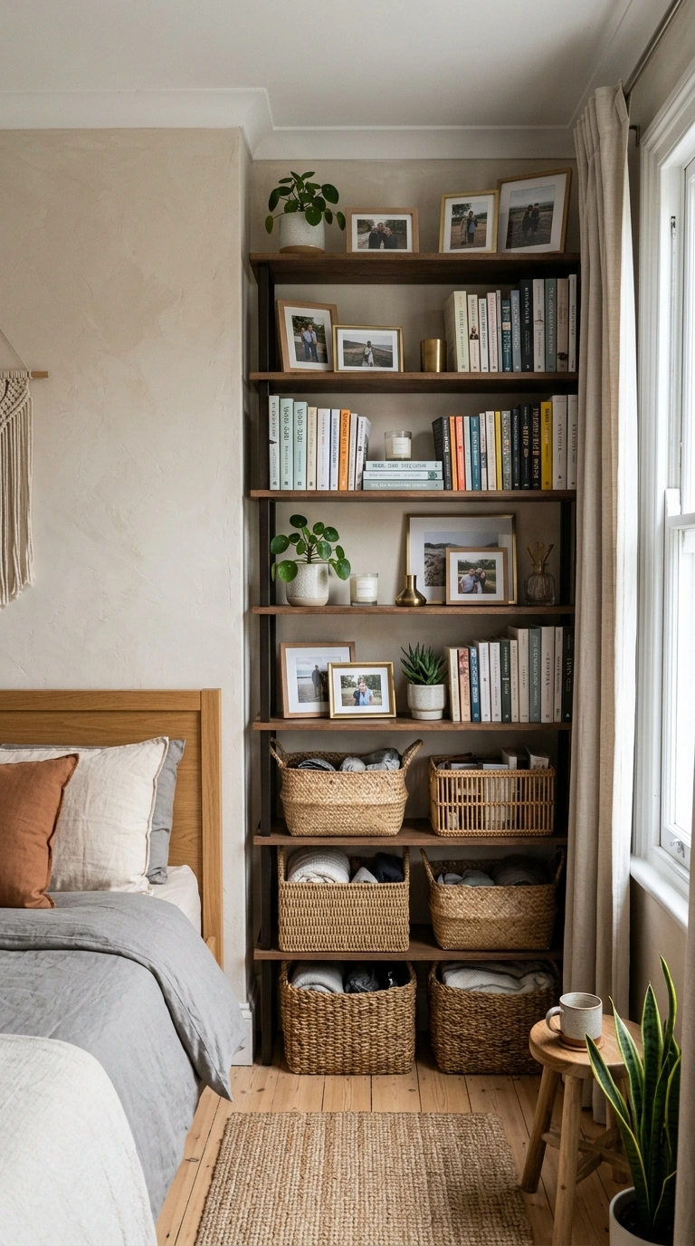 Small Bedroom, Big Style: 19 Layout Ideas 7 006 Vertical Shelving Wall A small bedroom with a tall
