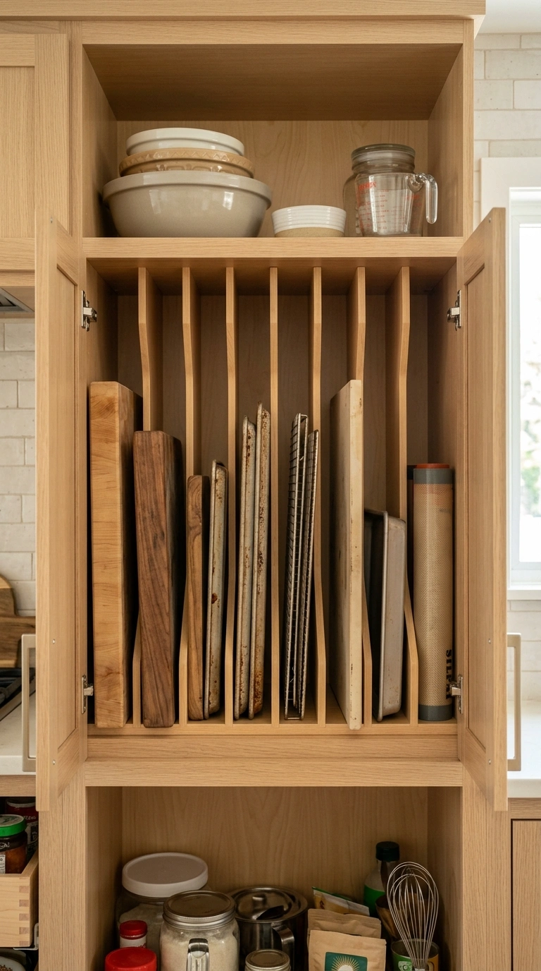 Cabinet Organization Hacks You'll Wish You Knew Sooner (18 Ideas) 7 006 Vertical Tray Dividers An open kitchen cabinet wit