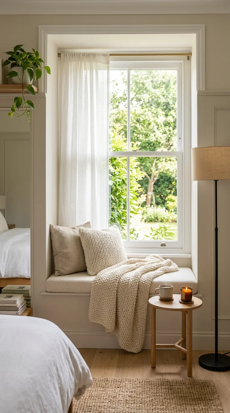 006 Window Reading Nook A bedroom window nook with a p