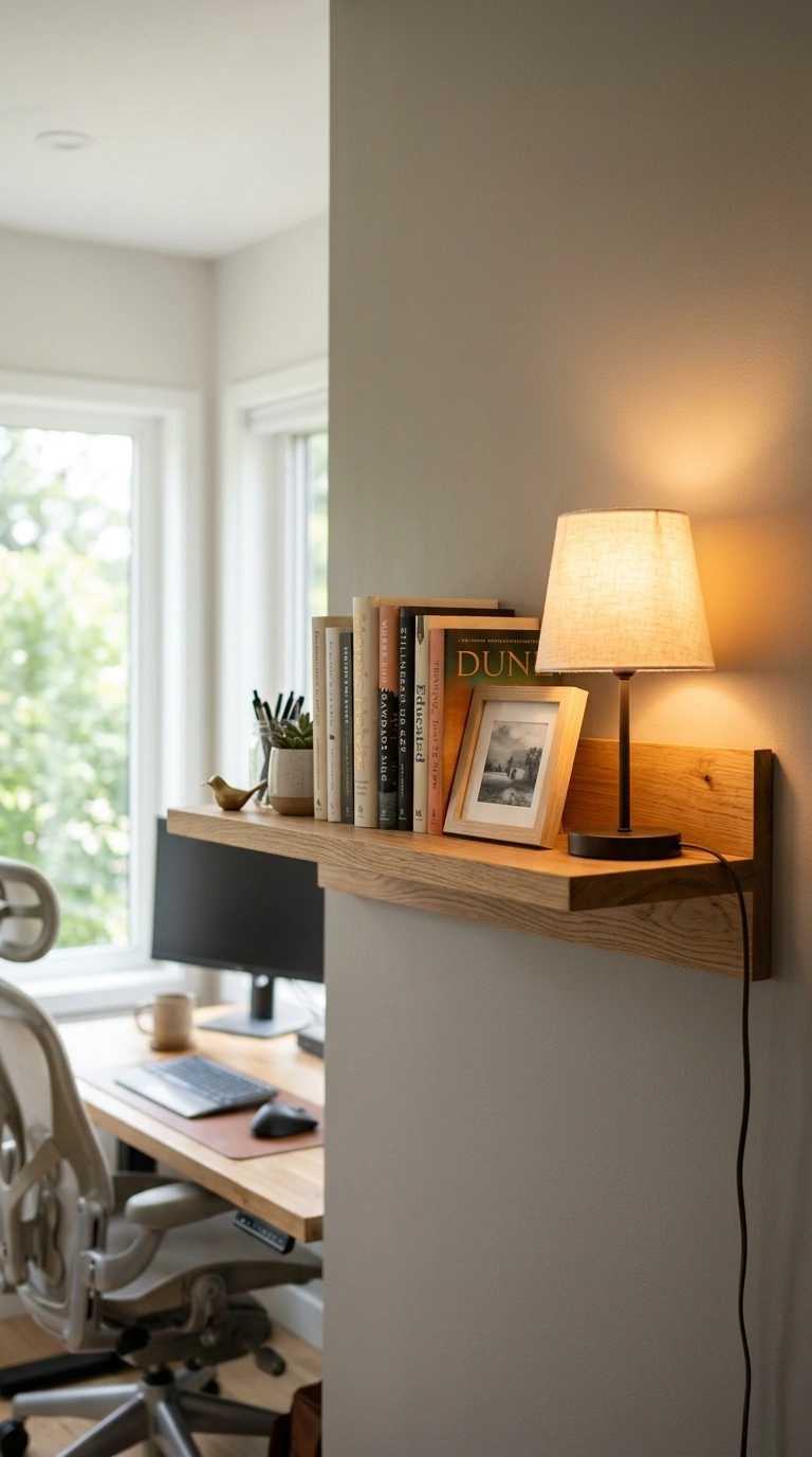 Office Shelf Styling Tips: 12 Easy Ideas 8 007 Add A Small Lamp A wood office shelf with a small