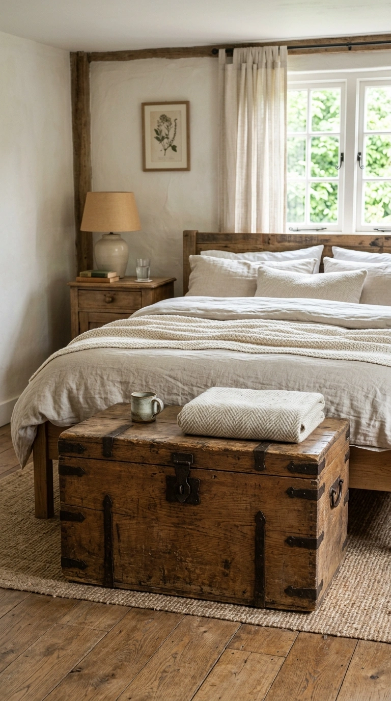 Rustic Bedroom Vibes — 16 Cozy Ideas 8 007 Antique Trunk Bench A rustic bedroom with an old w