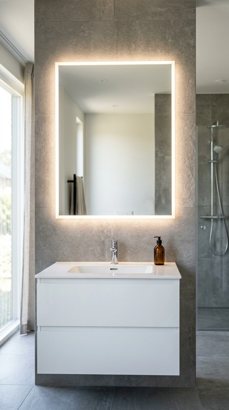 007 Backlit LED Mirror A modern bathroom with a rectan