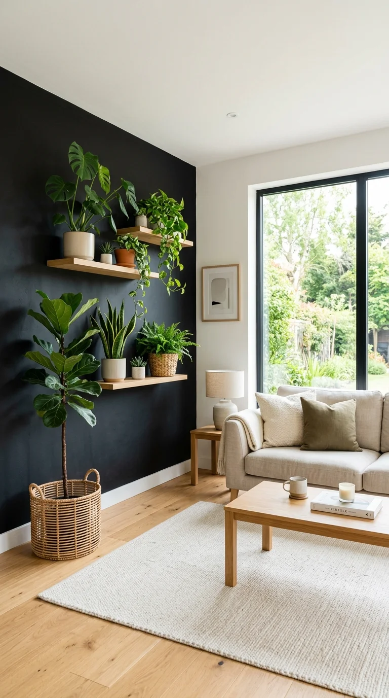 20 Hottest Black Accent Wall Ideas Taking Over Home Decor 8 007 Black Wall With Plants A bright contemporary livin