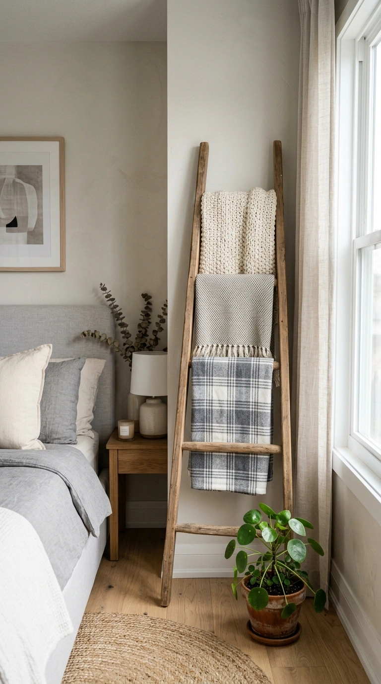 23 Cozy Bedroom Corner Ideas You'll Love 8 007 Blanket Ladder Corner A bedroom corner with a wood