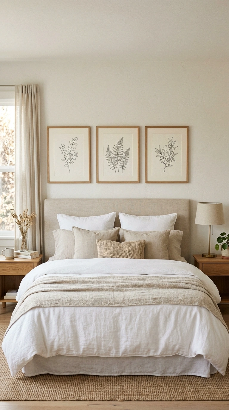 What to Put Above Your Bed: 20 Wall Decor Ideas 8 007 Botanical Print Set A bed with three identically f