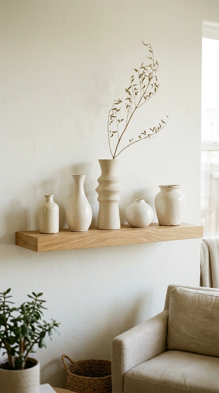 Living Room Shelves Styled Right: 19 Ideas 8 007 Ceramic Vase Lineup A single floating shelf in a s